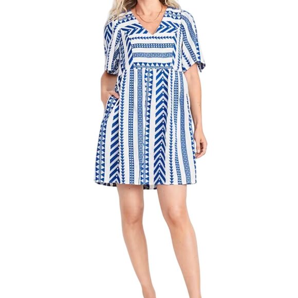 Old Navy Women Blue/White Geometric Print V-Neck Short Sleeve Dress SZ S Pockets - Picture 10 of 14
